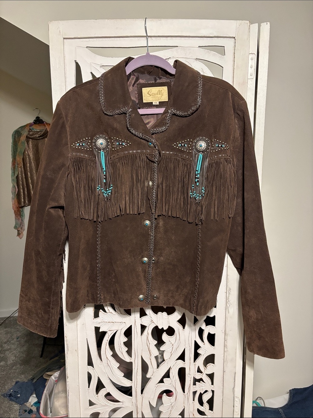 Scully Brown Suede Fringe Jacket with Turquoise Bead Accents